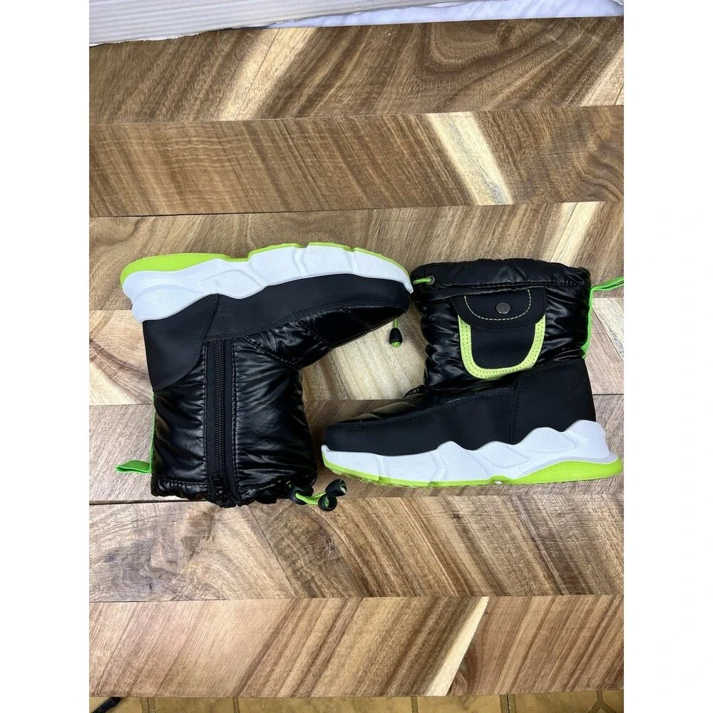 Kids Snow Boots Black Neon Green Insulated Waterproof Zip US 12 Toddler